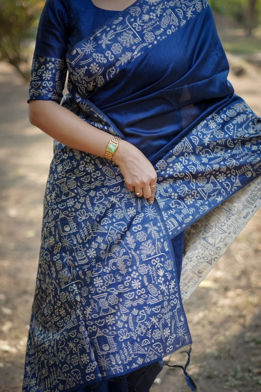 Navy Blue Handloom Raw Silk Saree With Contrast Weaving Work