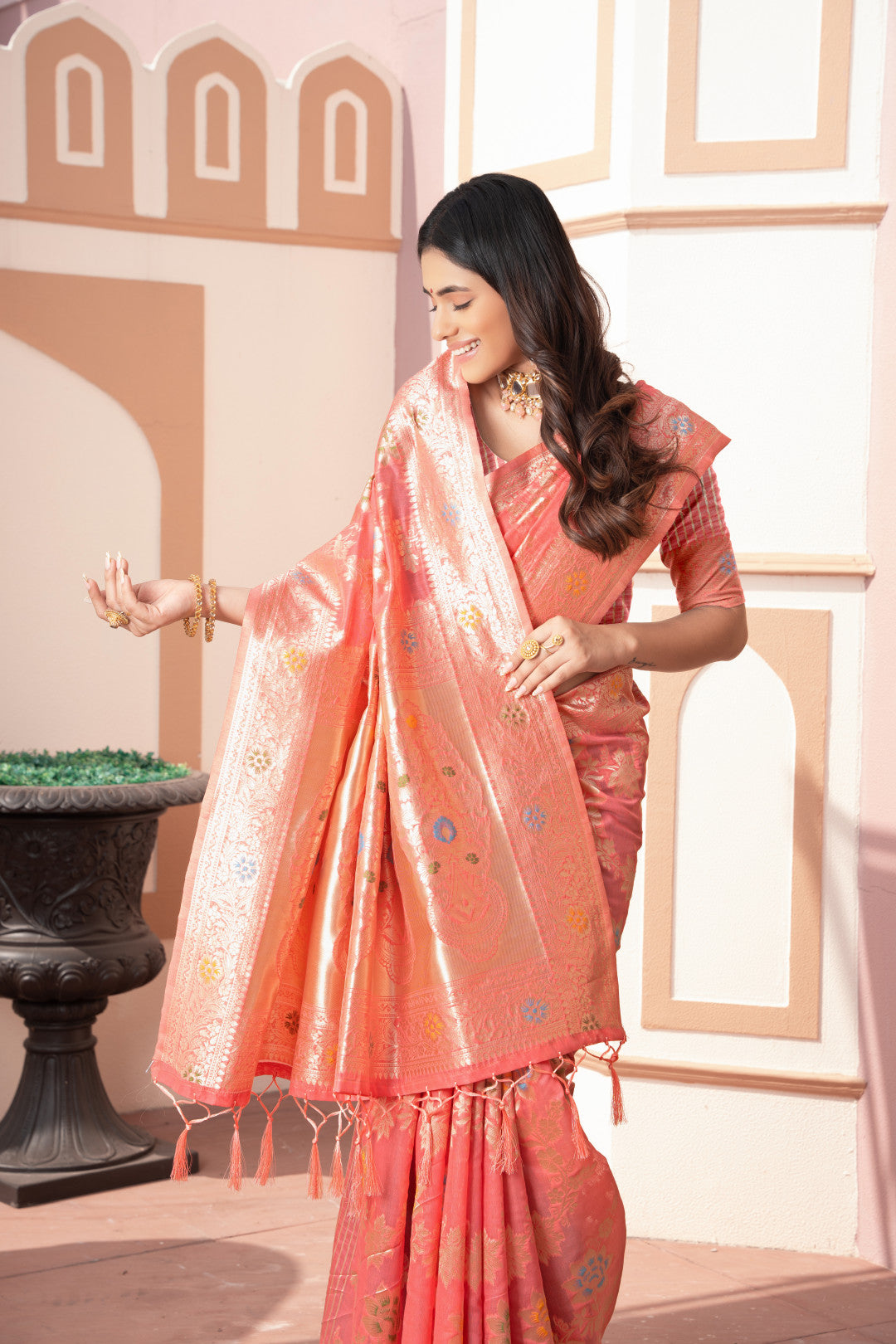Peach Banarasi Cotton Silk Saree With Zari Woven Work