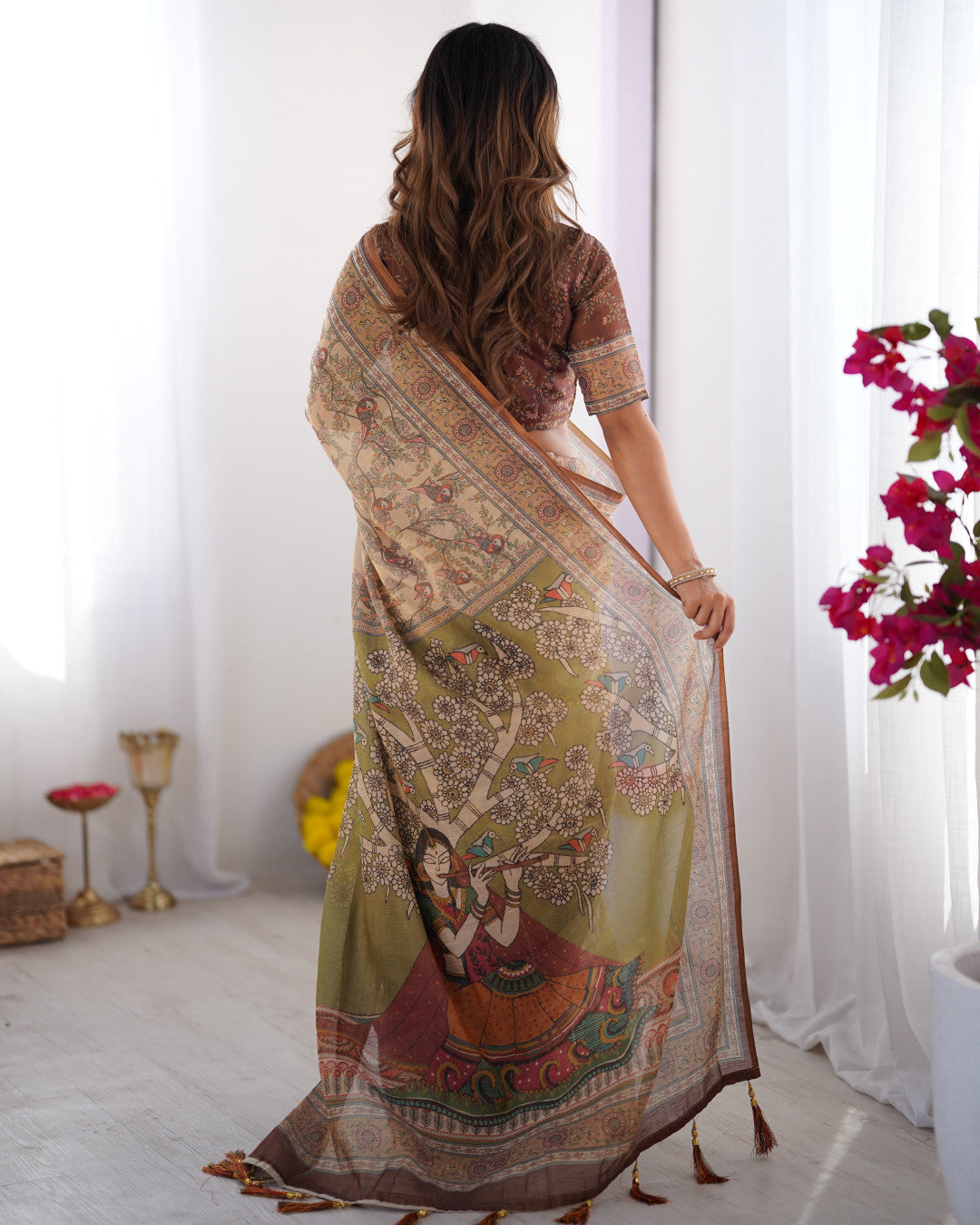 Multi Color Kalamkari Digital Printed Linen Cotton Saree