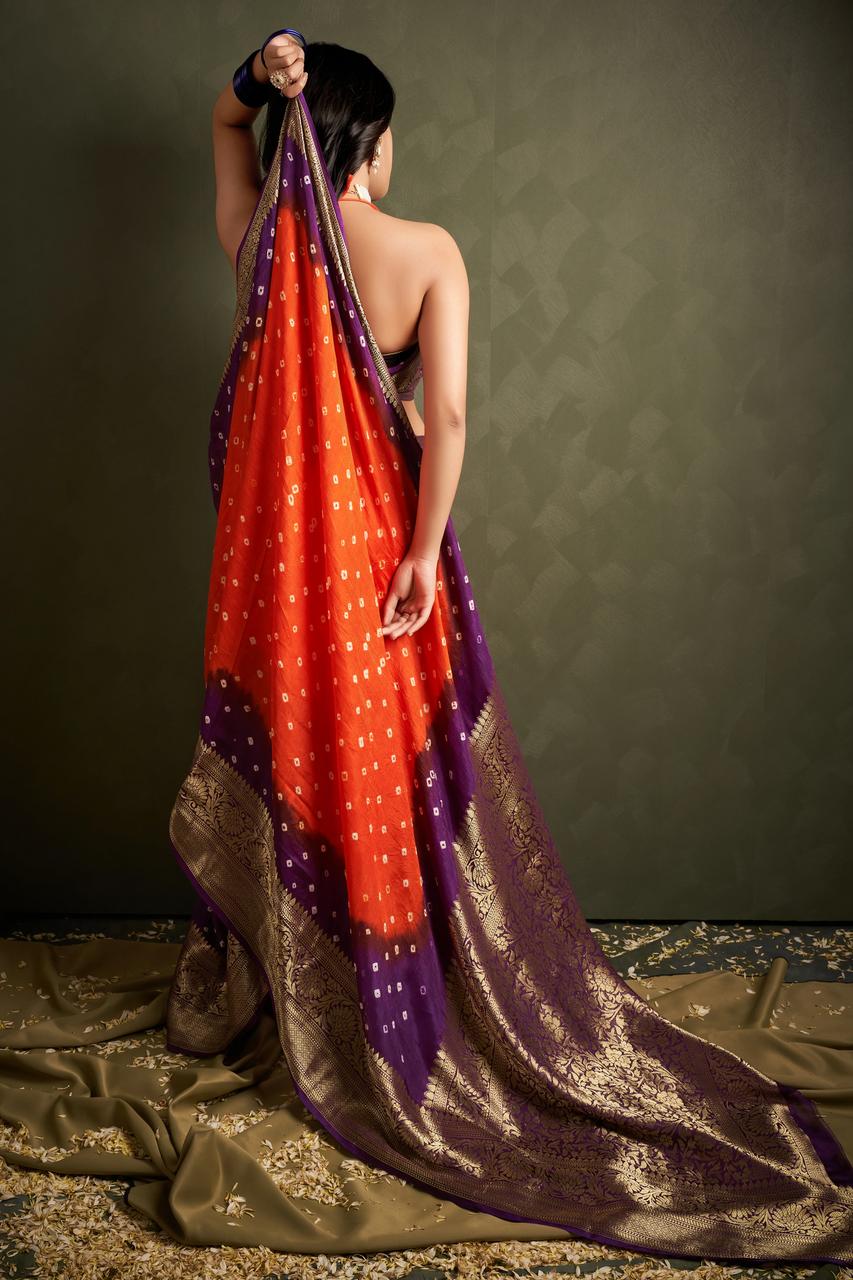 Hand Bandhej Bandhani Saree With Zari Border