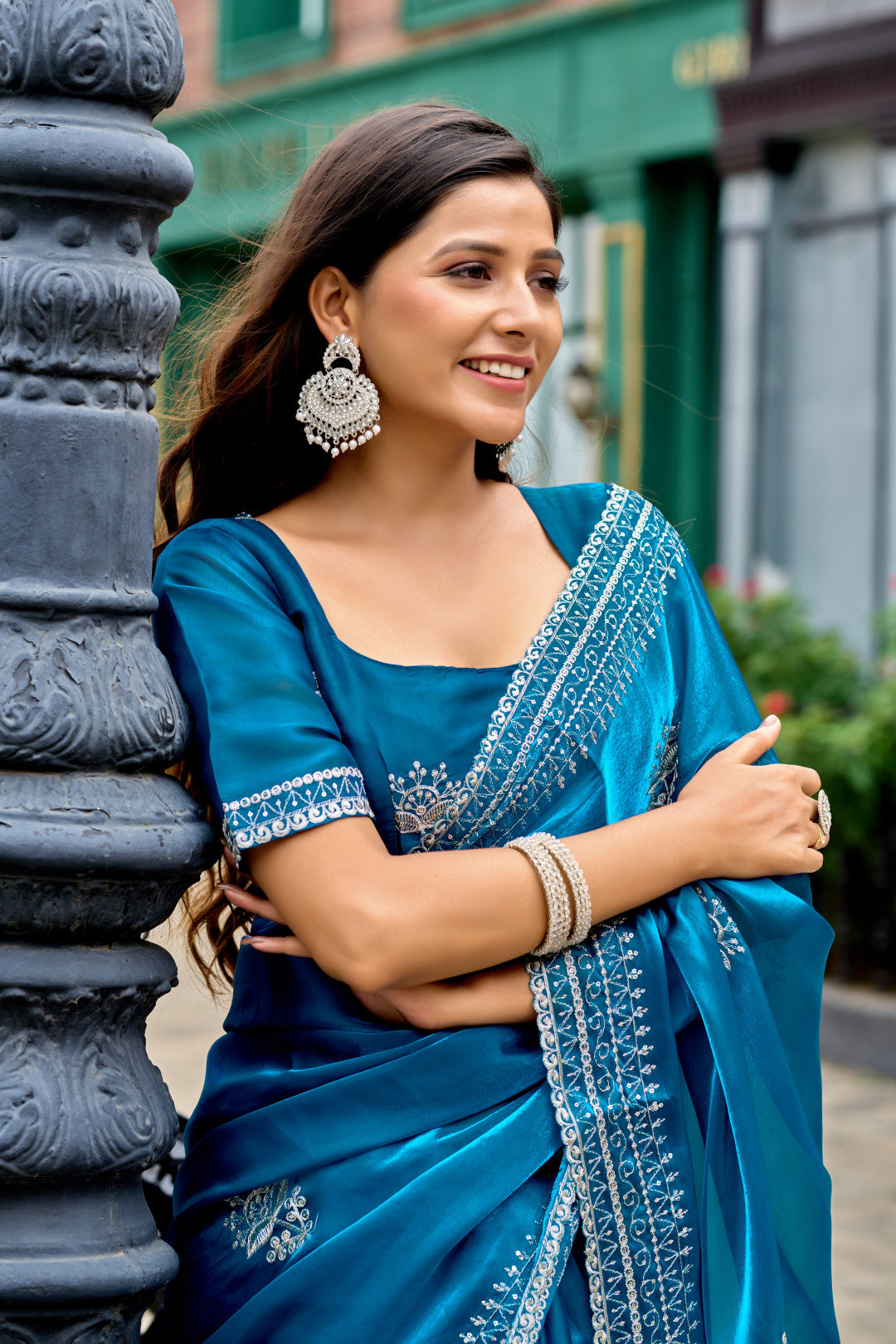 Firoji Fancy Shimmer Chiffon Saree With Embroidery Work