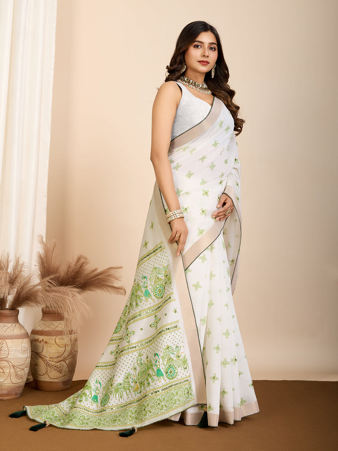 White Soft Cotton Saree With Printed Work