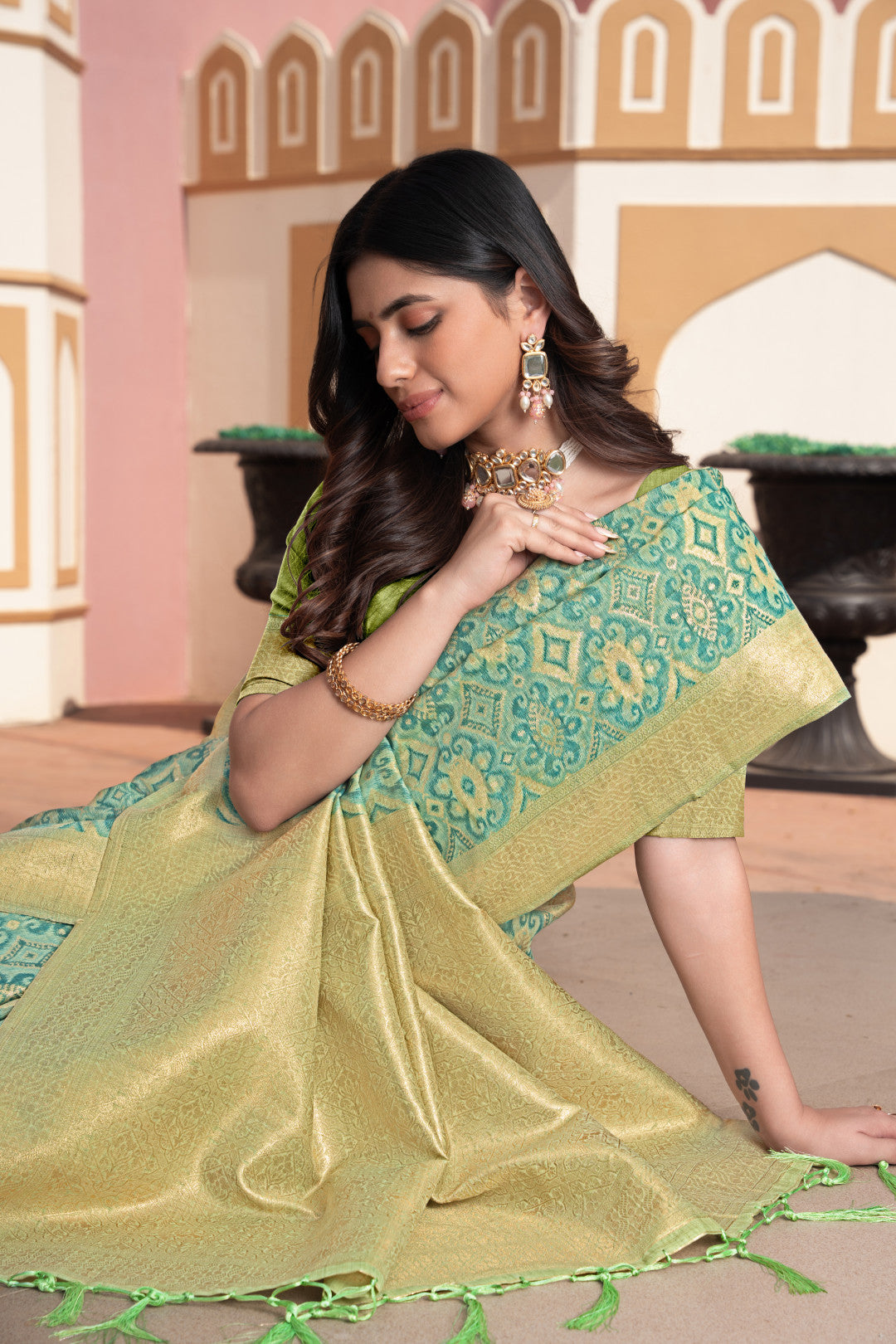 Green Cotton Ikkat Silk Saree With Zari Woven Work