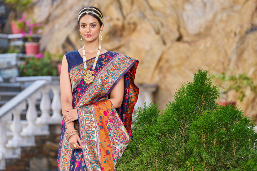 Navy Blue Color Banarasi Silk Saree With Zari Weaving Work