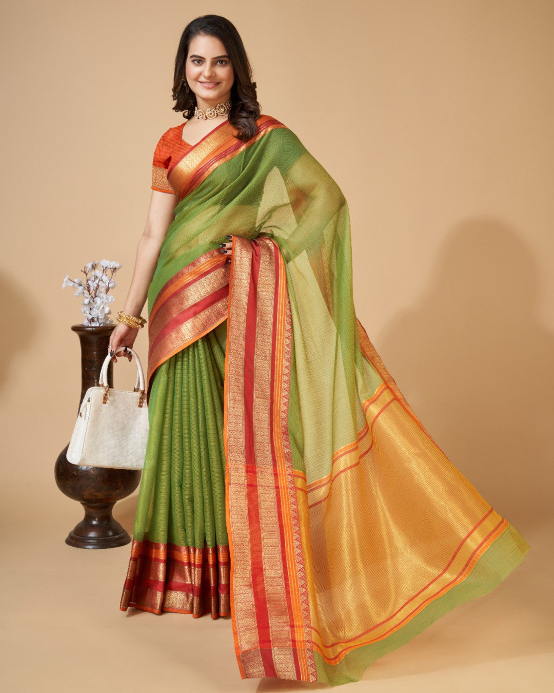 Mahendi Green Color Kota Doriya Saree With Zari Weaving Work