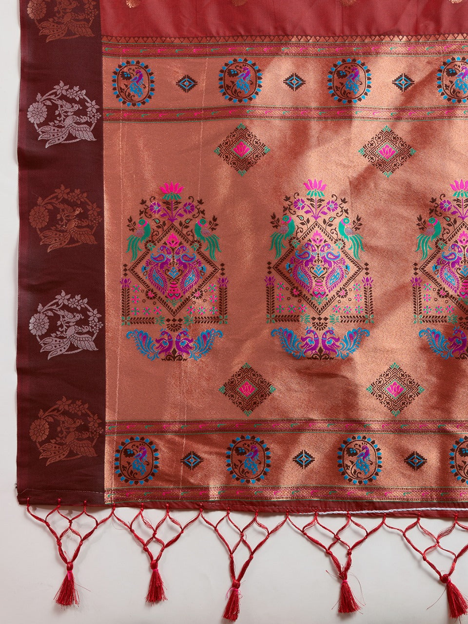 Maroon Kanjivaram Silk Saree With Zari Weaving Butta Border & Designer Rich Paithani Pallu