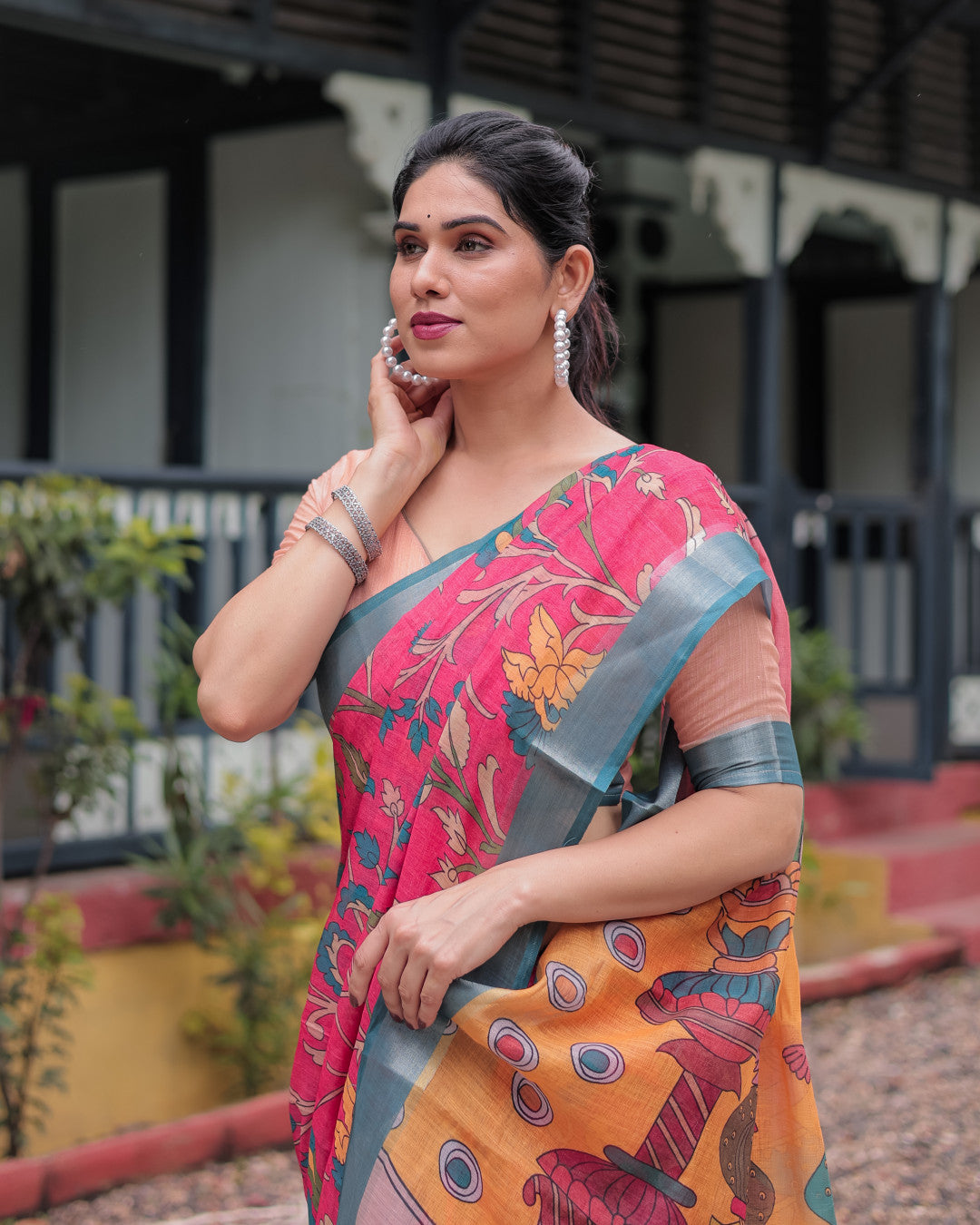 Pink Soft Linen Cotton Saree With Kalamkari Digital Printed Work
