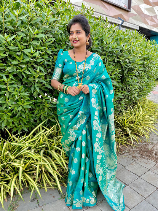 Firoji Color Banarasi Silk Saree With Zari Weaving Work