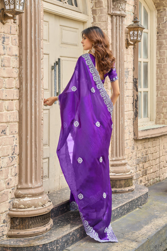Purple Fancy Shimmer Chiffon Saree With Embroidery Work