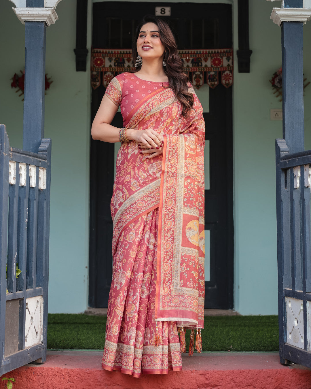 Kalamkari Digital Printed Linen Cotton Saree