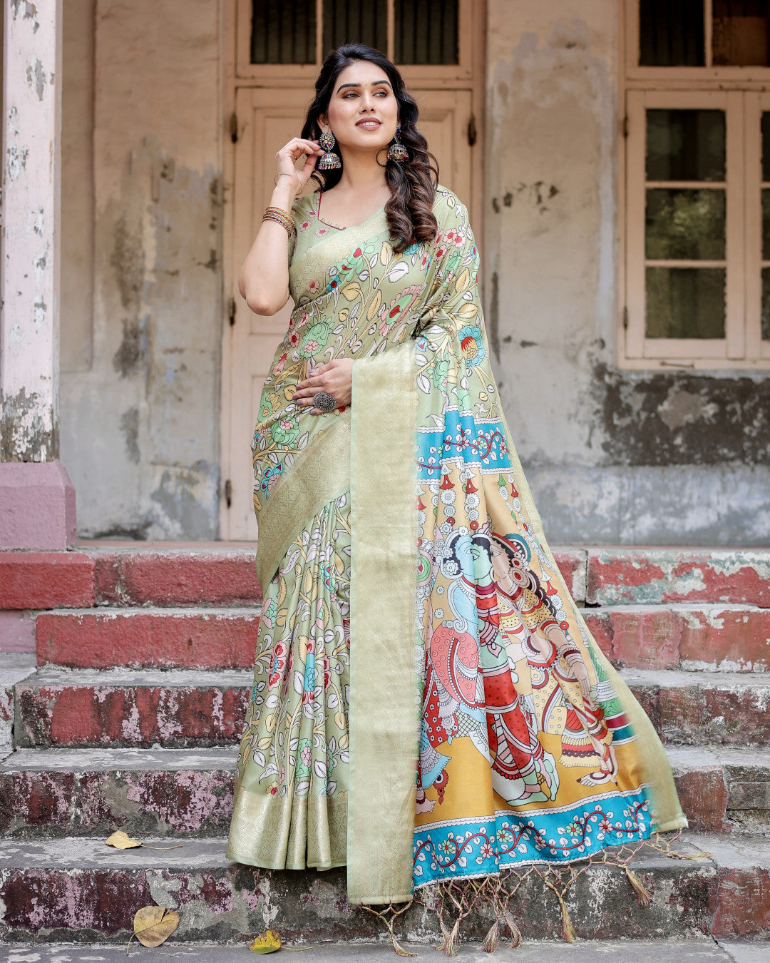 Pista Green Kalamakari Digital Printed Tussar Silk Saree With Zari Motif Border