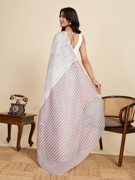 White Linen Cotton Saree With Digital Printed Work And Silver Zari Border