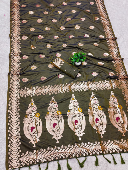 Mahendi Green Traditional Banarasi Silk Saree With Zari Weaving Work