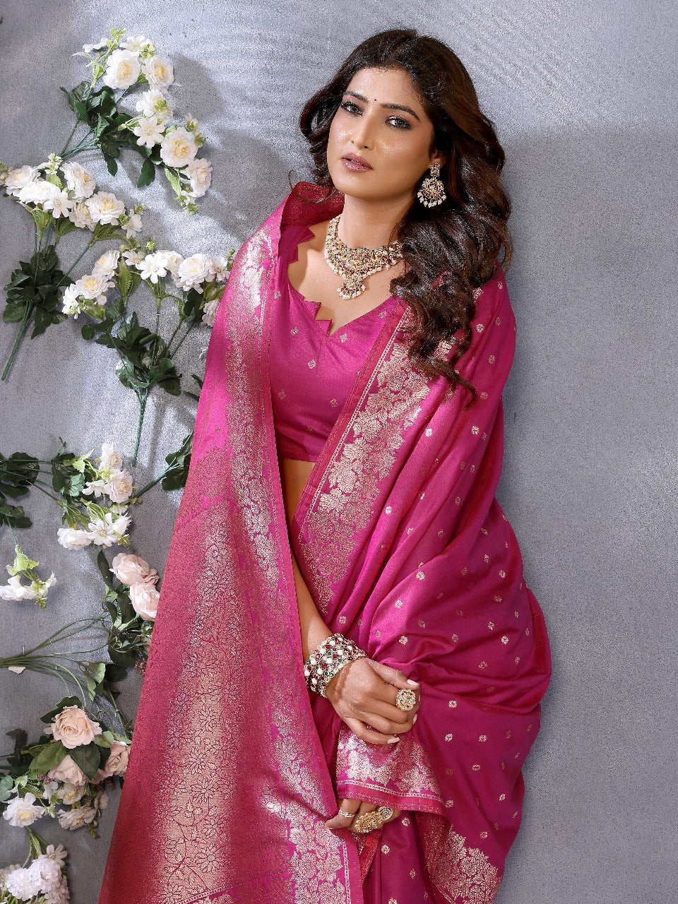 Pink Traditional Banarasi Silk Saree With Zari Weaving Work