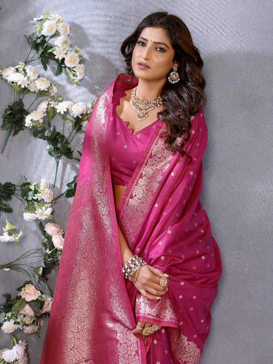 Pink Traditional Banarasi Silk Saree With Zari Weaving Work