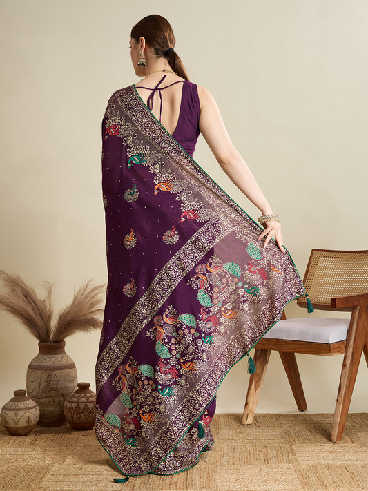 Wine Cotton Saree With Table Printed And Foil Work With Pipeing Border