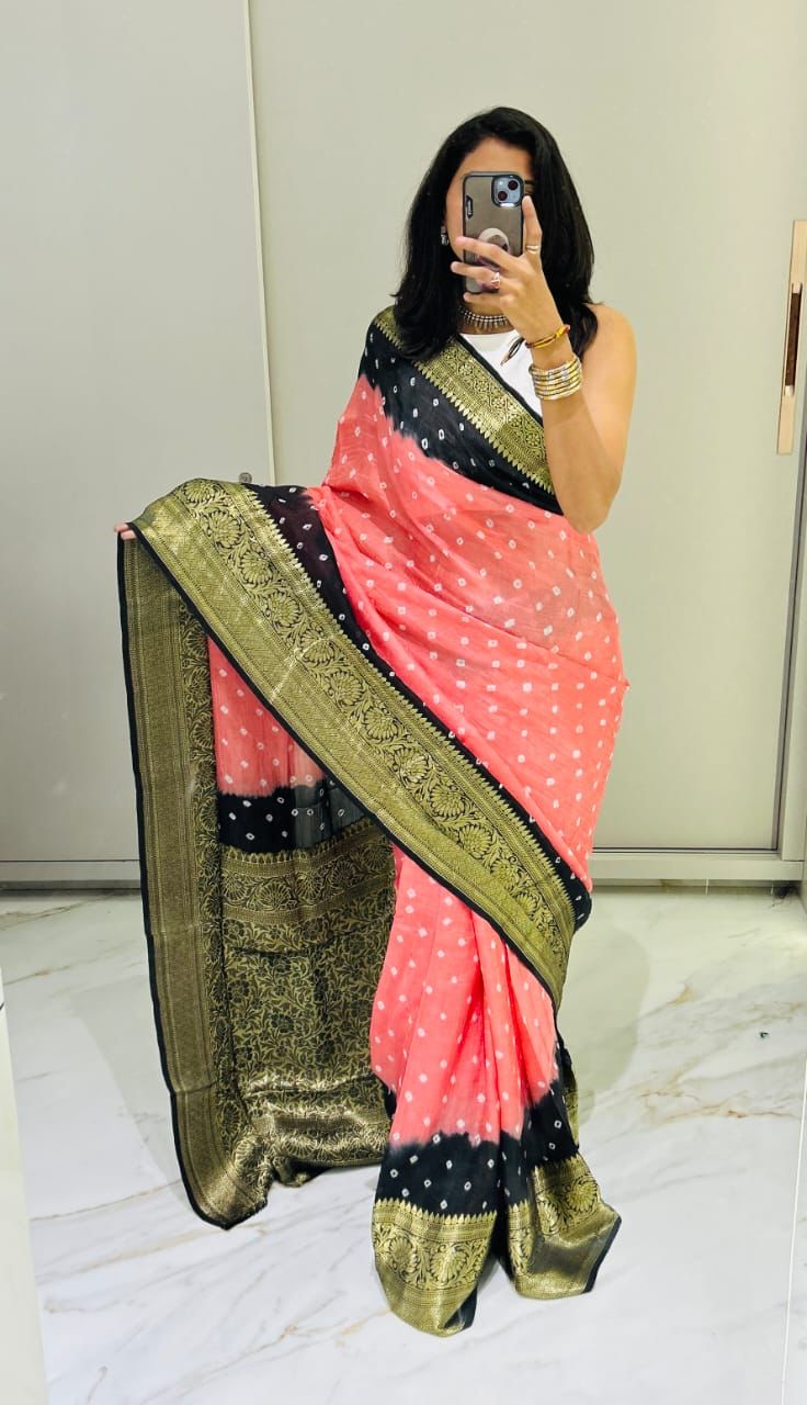 Hand Bandhej Bandhani Saree With Zari Border