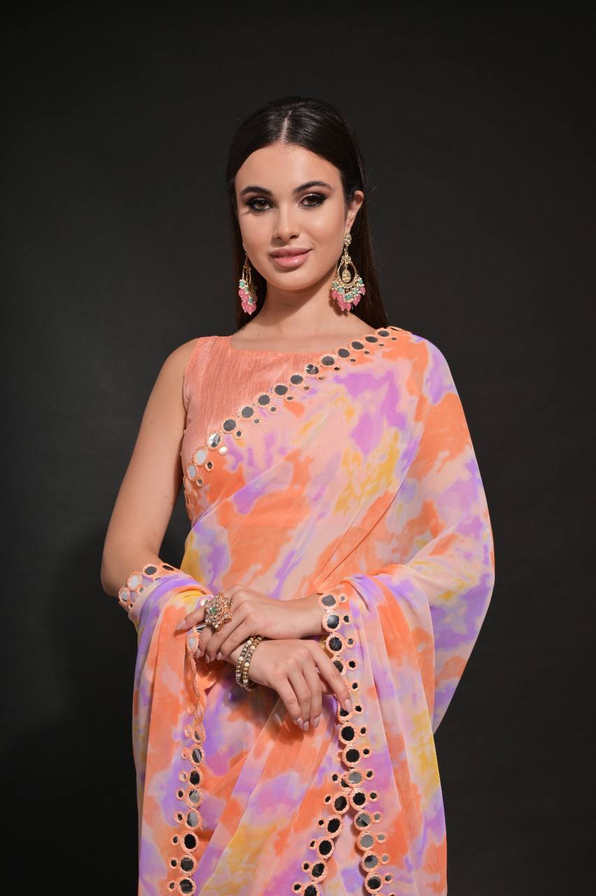 Orange Fancy Chiffon Silk Saree With Prizam Printed Work And Foil Mirror Work Border