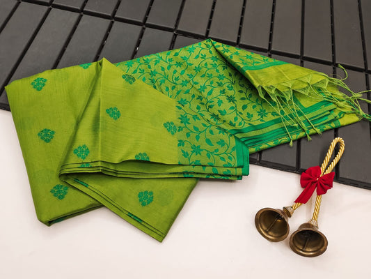 Parrot Green Color Khadi Raw Silk Saree With Jamdani Weaving Border