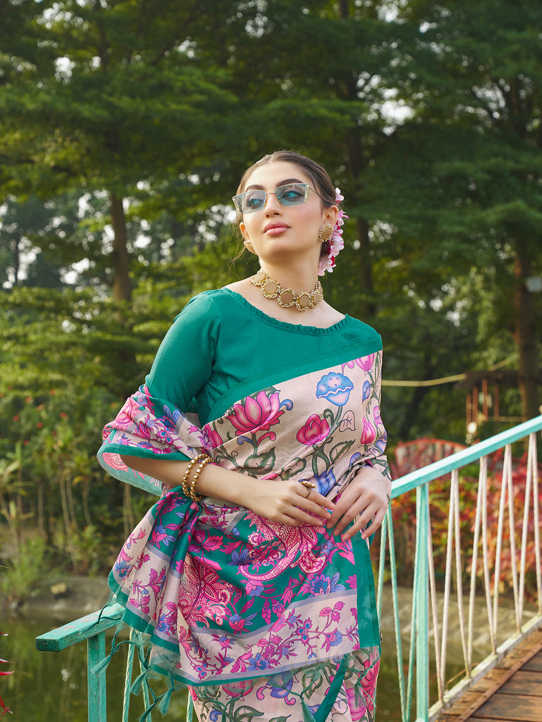 Green Kalamkari Printed Designer Tussar Silk Saree