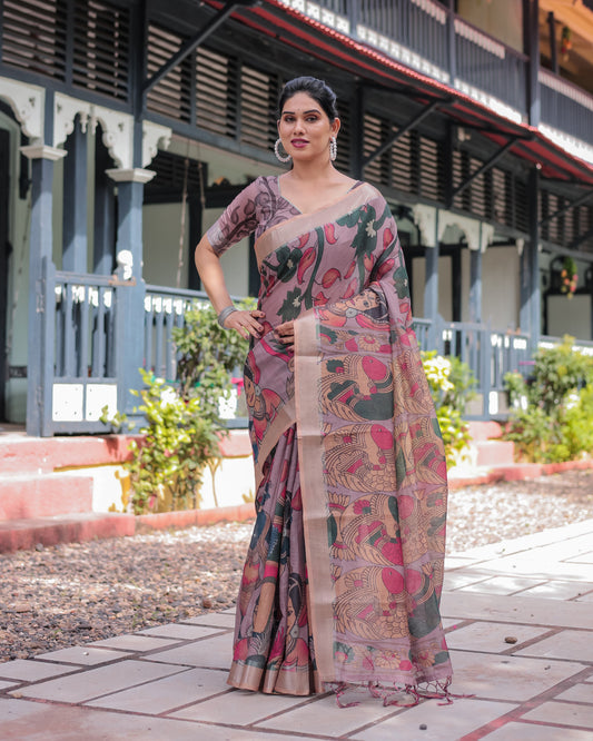 Beige Soft Linen Cotton Saree With Kalamkari Digital Printed Work