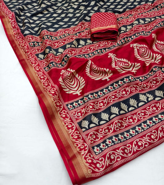 Black Ajrakh Printed Soft Cotton Crepe Saree