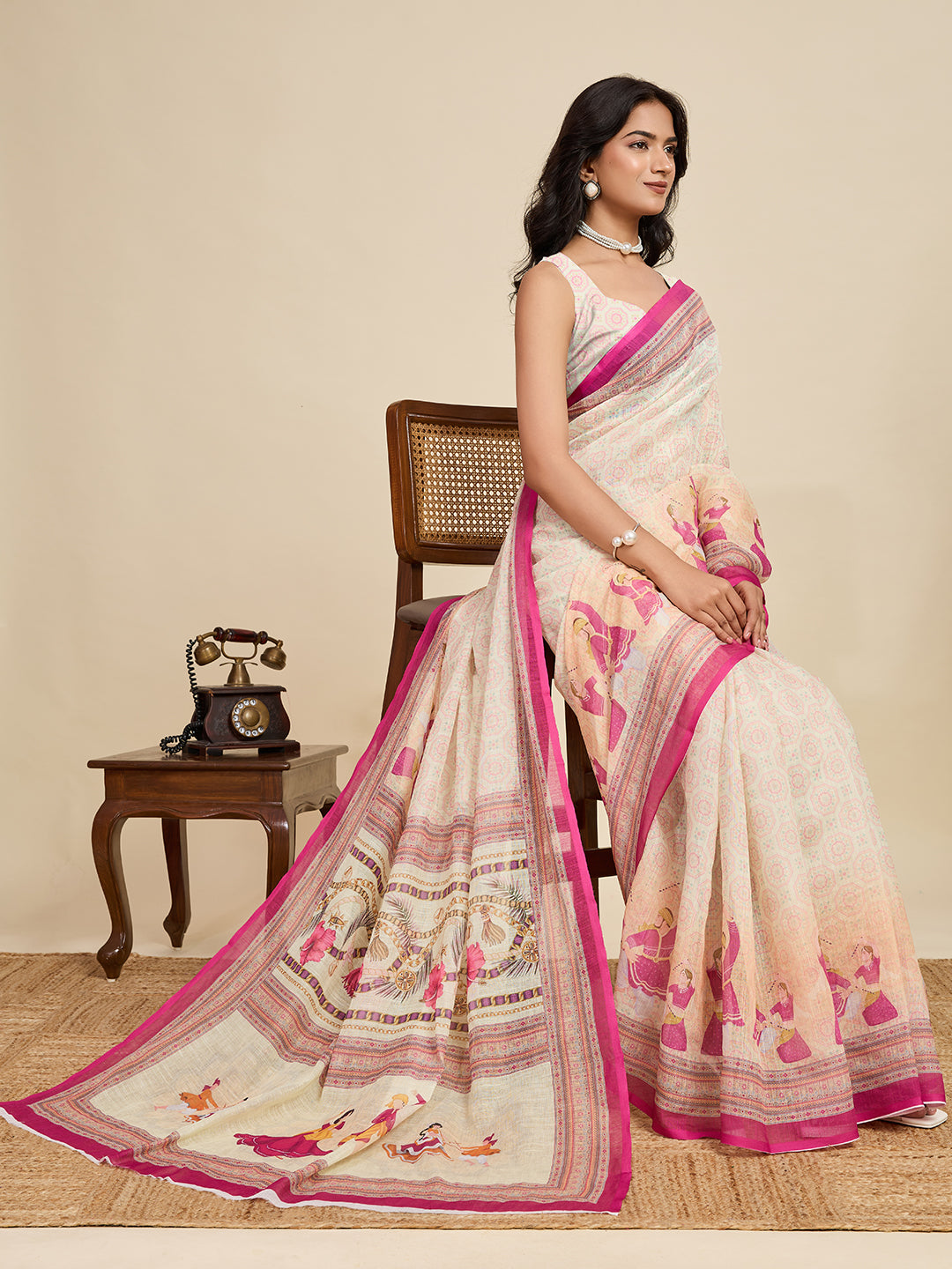 Off White Linen Cotton Saree With Digital Printed Work And Silver Zari Border