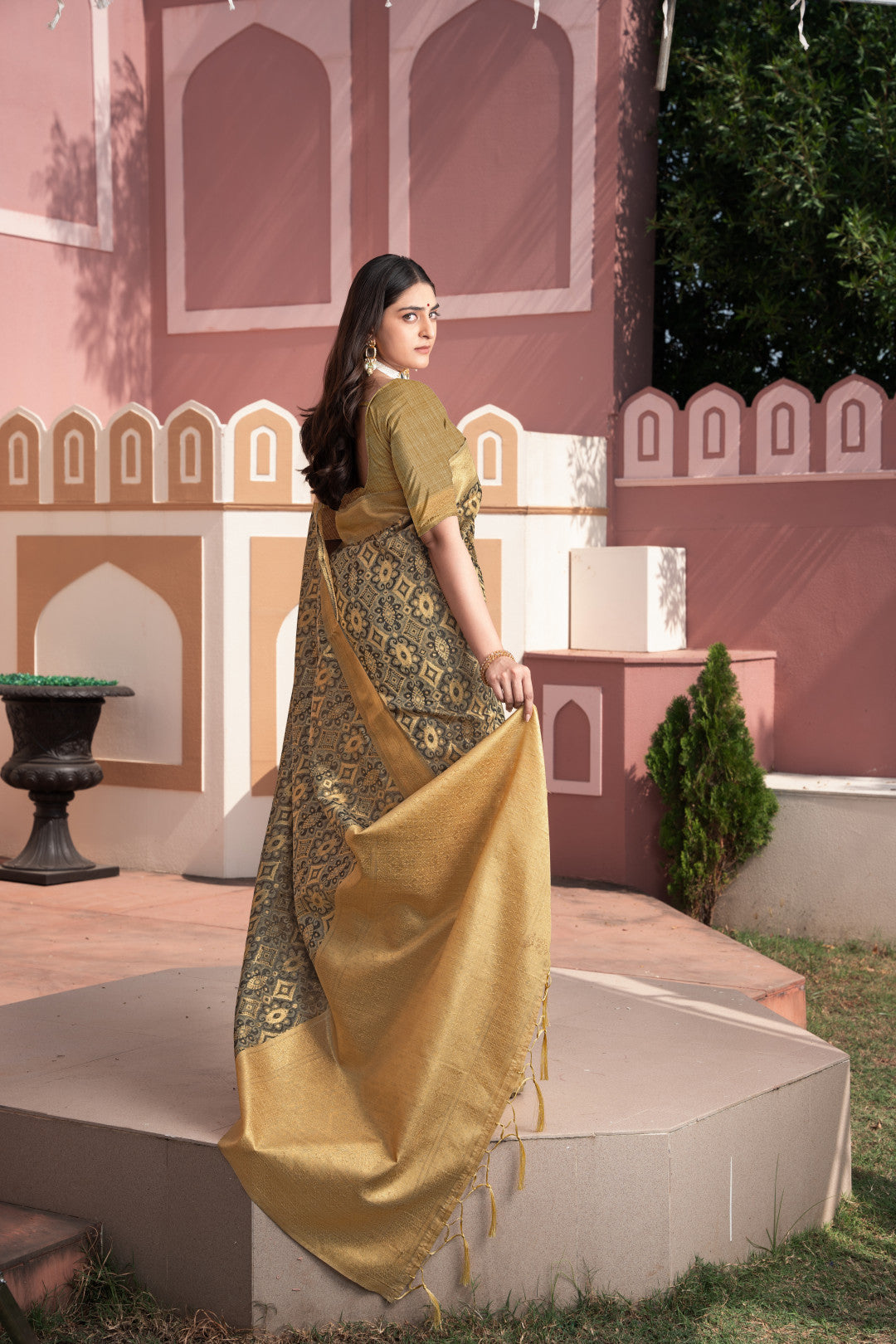 Brown Cotton Ikkat Silk Saree With Zari Woven Work