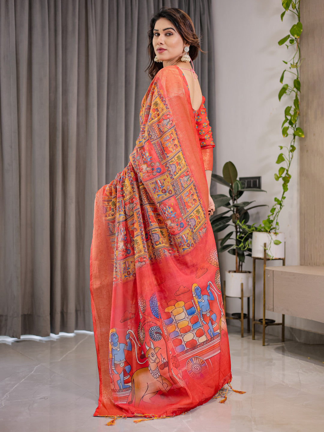 Kalamkari Digital Printed Linen Cotton Saree