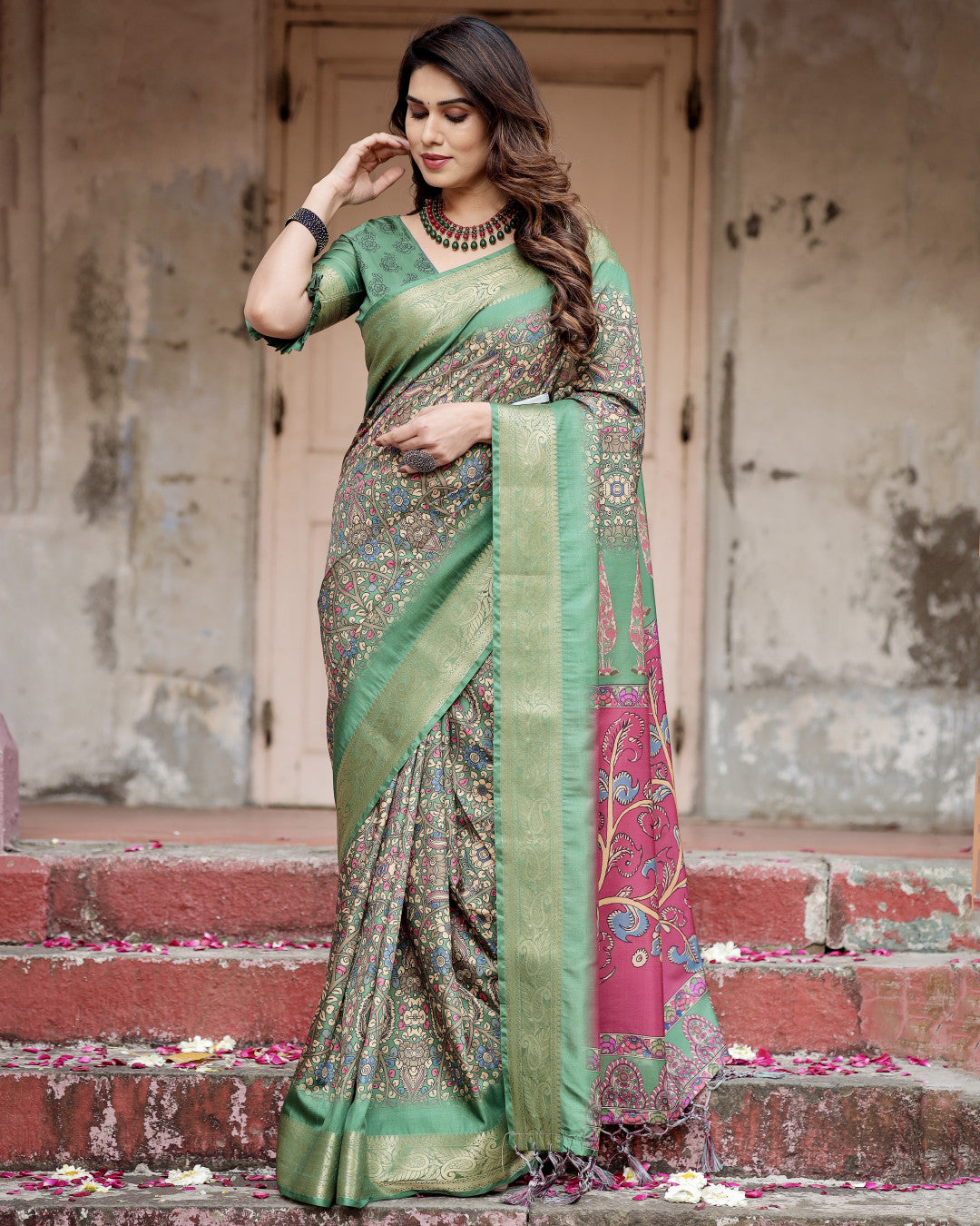Multi Kalamkari Digital Printed Dola Silk Saree With Gold Zari Border