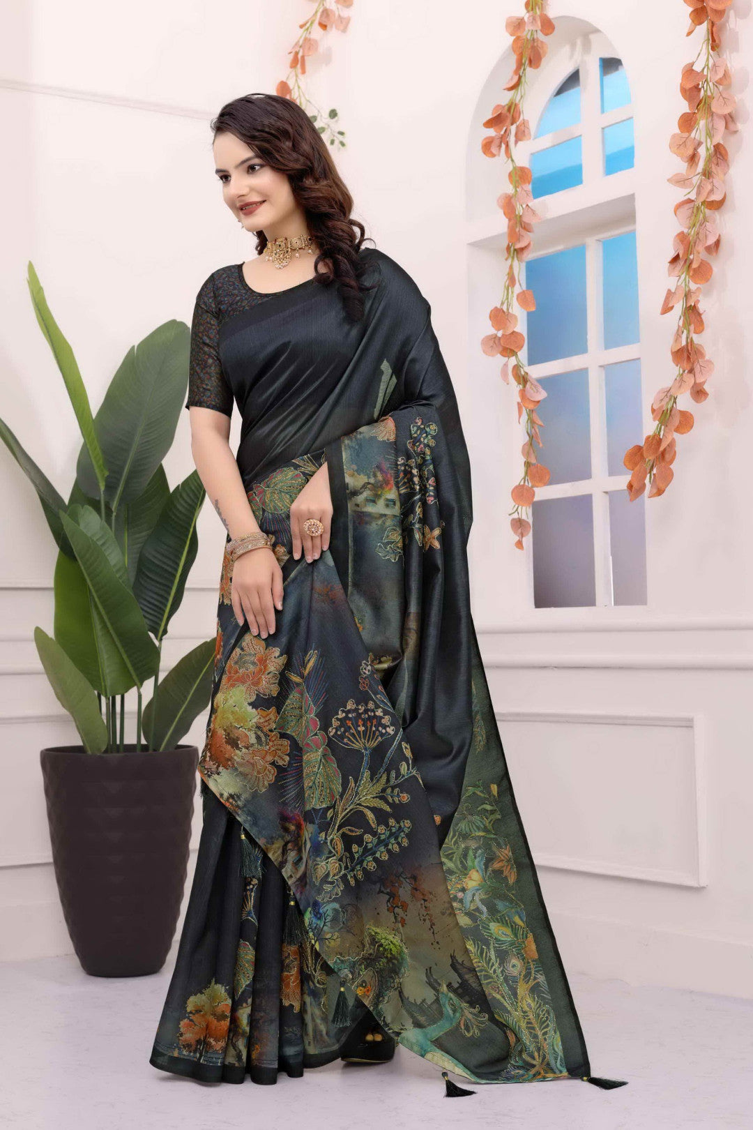 Black Kalamkari Printed Premium Tussar Silk Saree