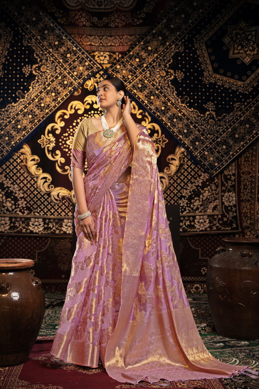 Pink Jimmy Choo Saree With Weaving Work