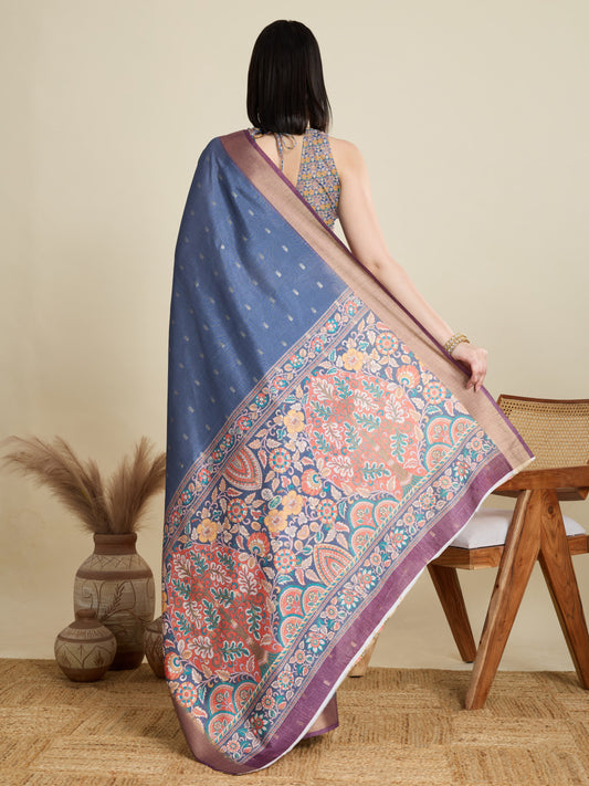 Blue Soft Cotton Saree With Kalamkari Digital Printed Pallu & Zari Border