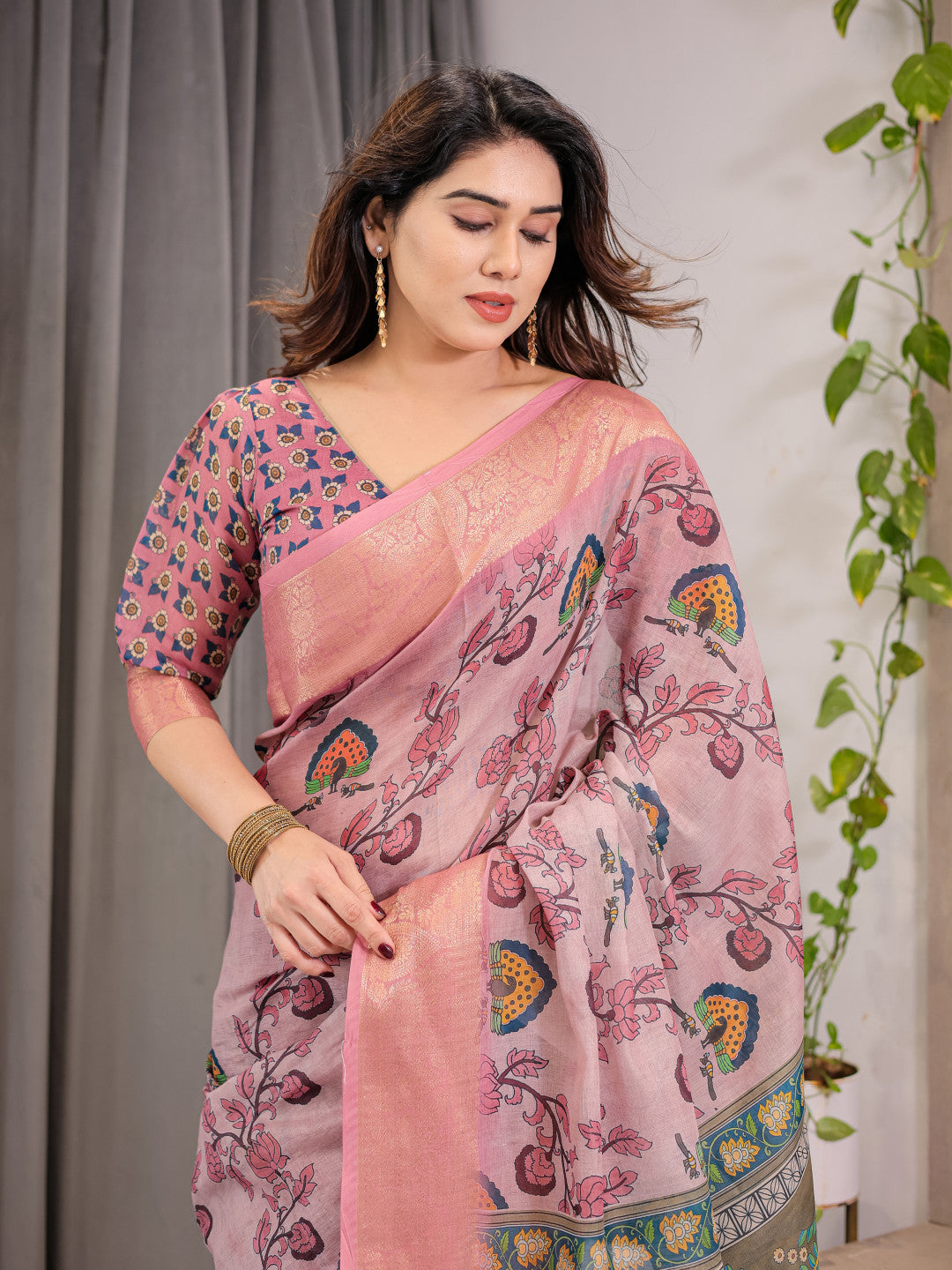 Kalamkari Digital Printed Linen Cotton Saree