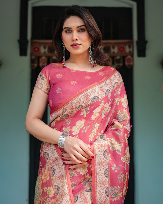 Soft Linen Cotton Saree With Kalamkari Printed Work