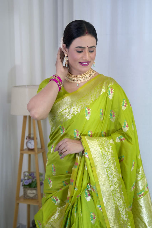 Parrot Green Pure Soft Banarasi Saree With Meenakari Weaving Work