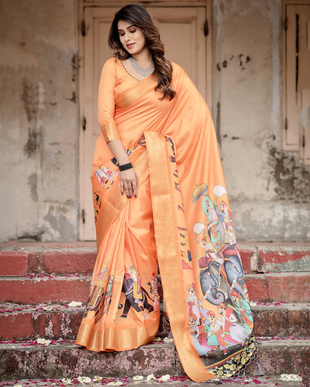 Orange Kalamkari Digital Printed Dola Silk Saree With Gold Zari Border