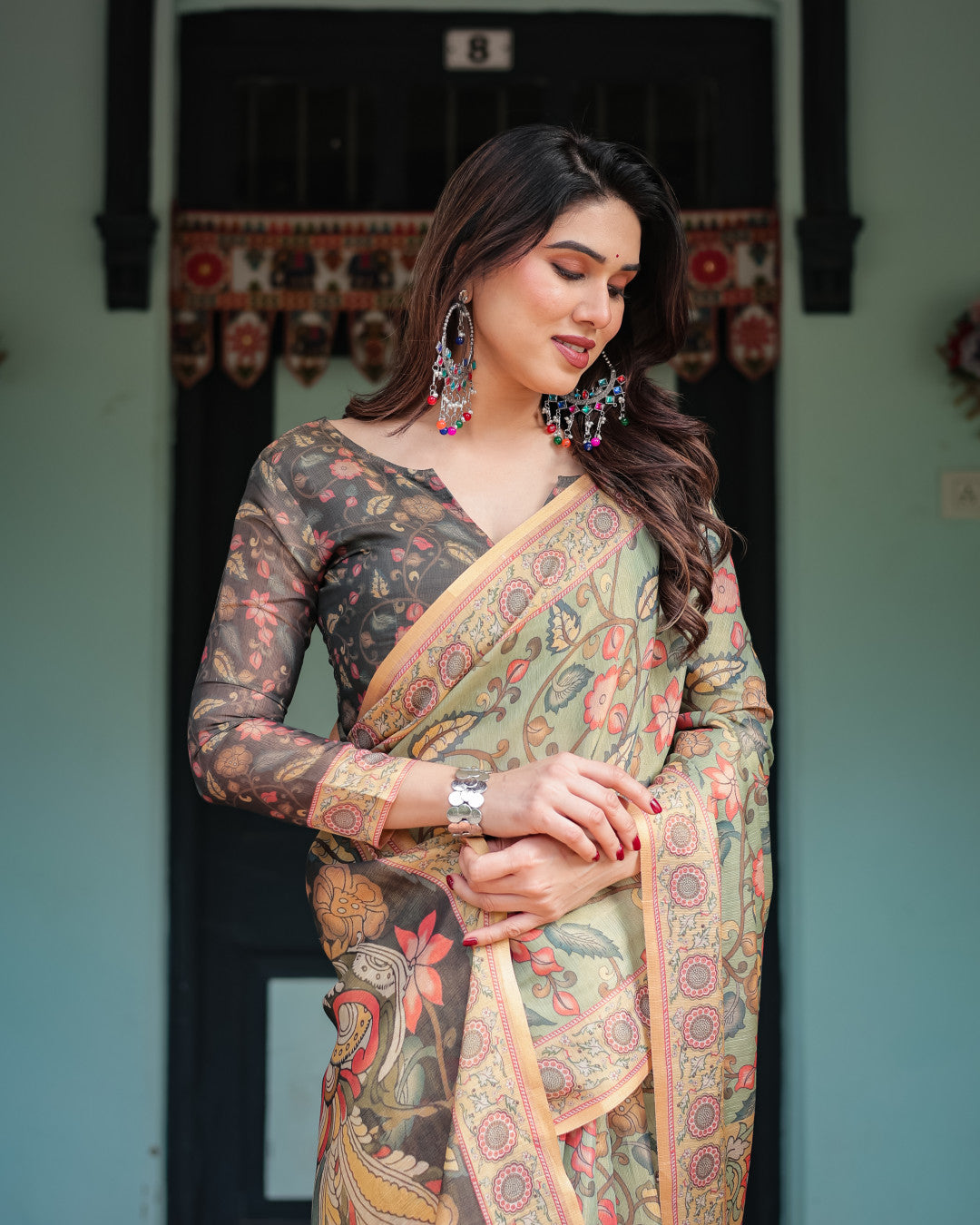 Soft Linen Cotton Saree With Kalamkari Printed Work