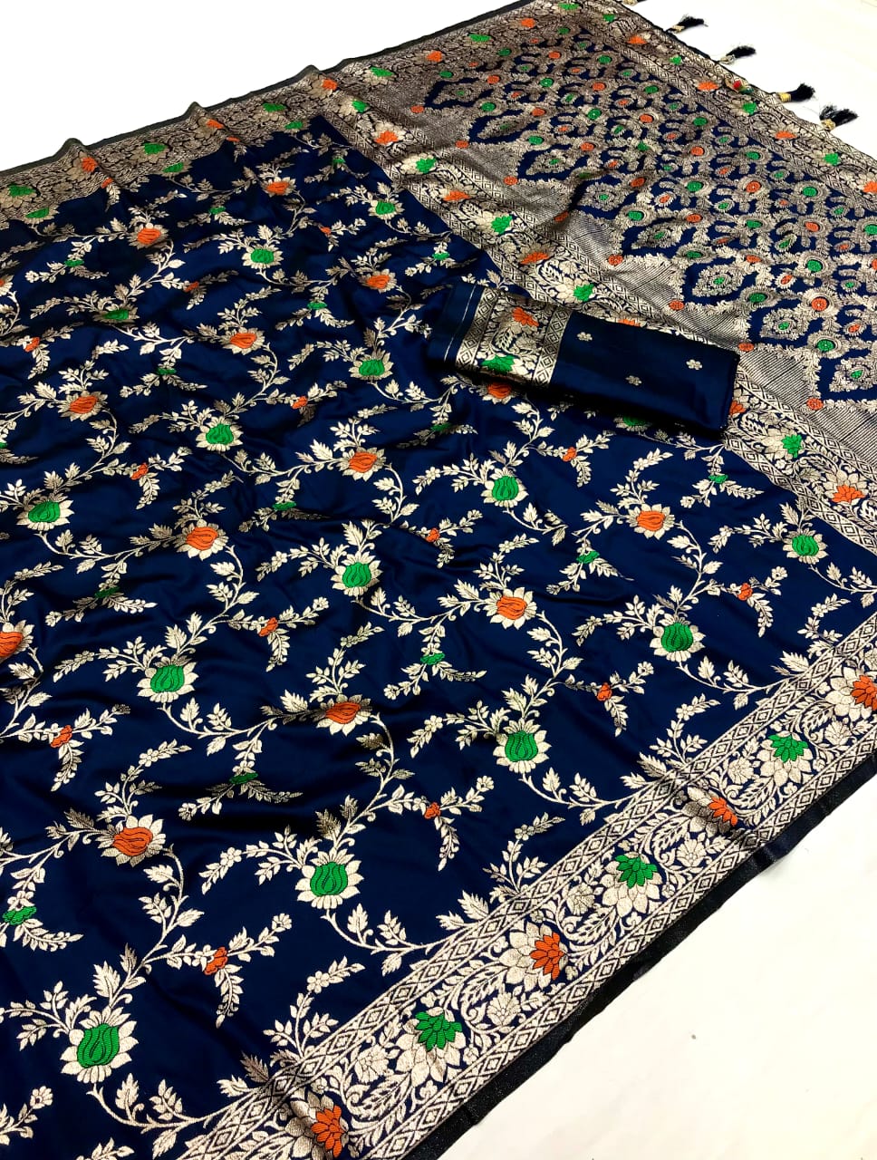 Navy Blue Banarasi Silk Saree With Meenakari Zari Weaving Work