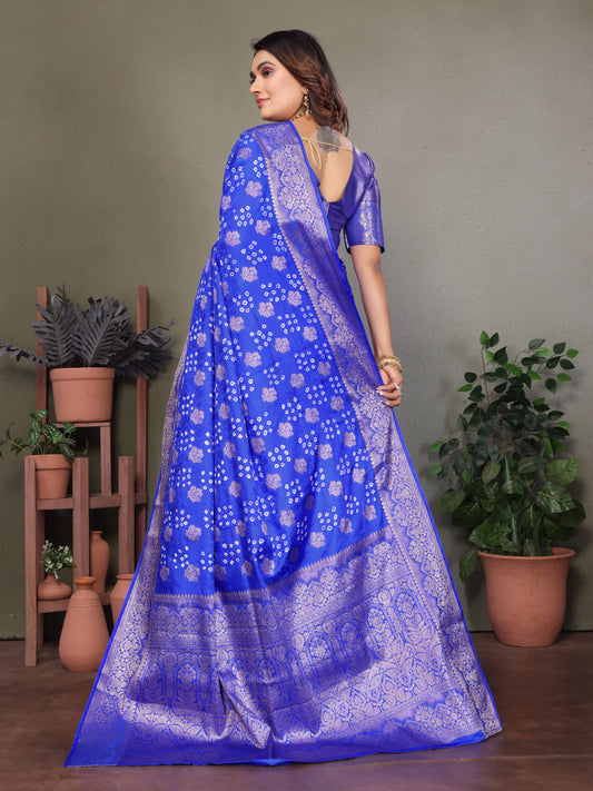 Royal Blue Premium Bandhej Silk Saree With Zari Weaving Work