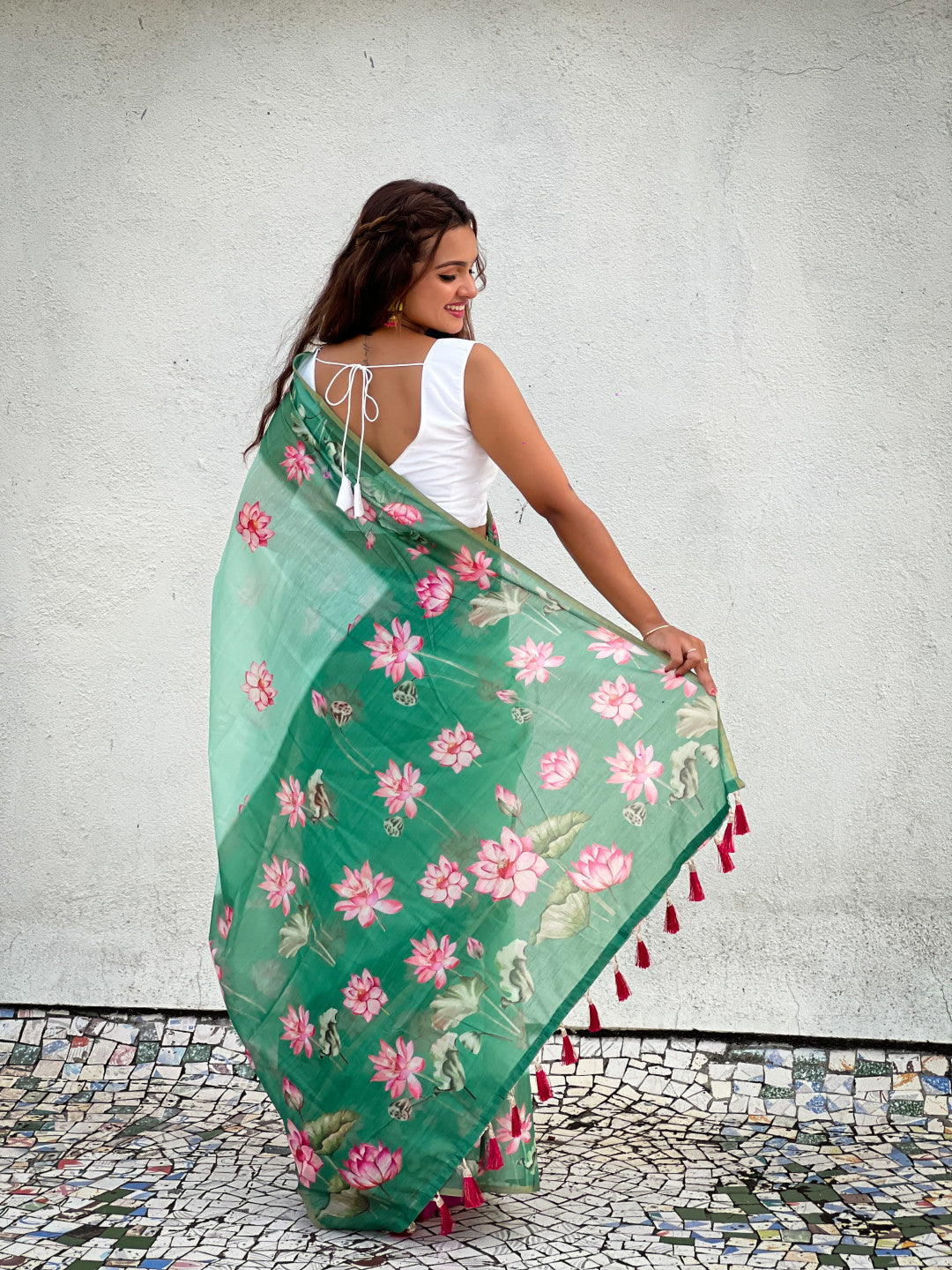 Sea Green Pichwai Printed Chanderi Cotton Saree