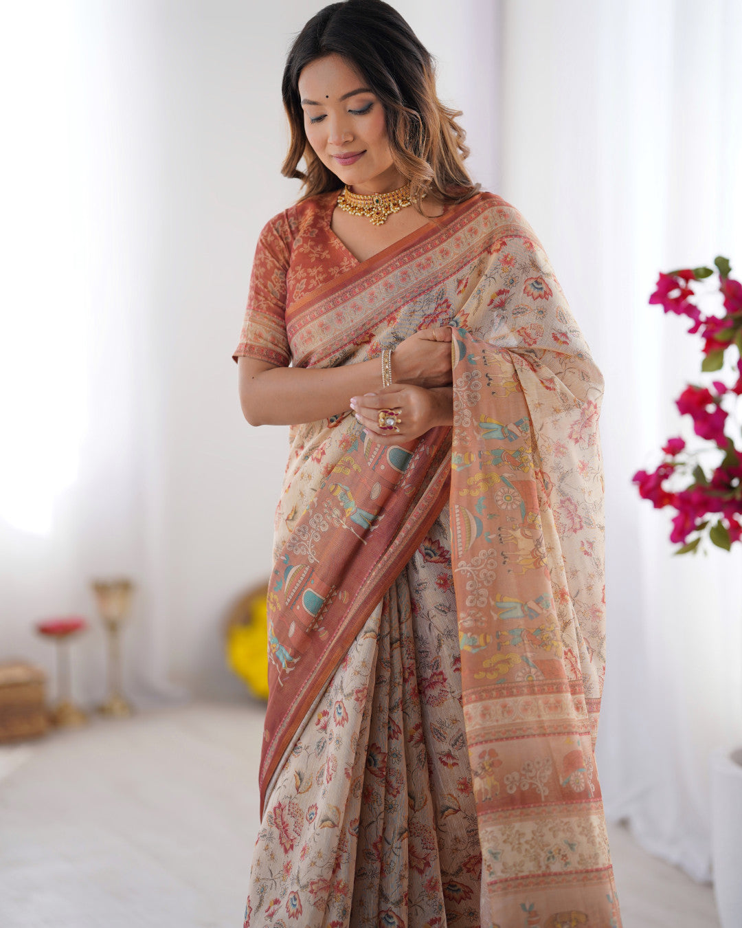 Multi Color Kalamkari Digital Printed Linen Cotton Saree
