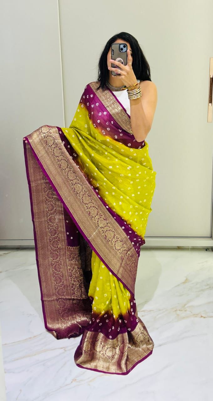 Hand Bandhej Bandhani Saree With Zari Border