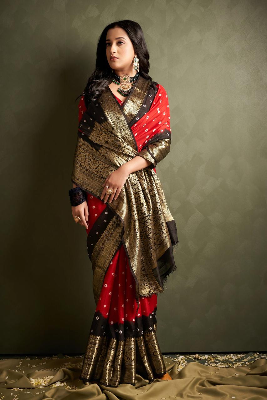 Hand Bandhej Bandhani Saree With Zari Border