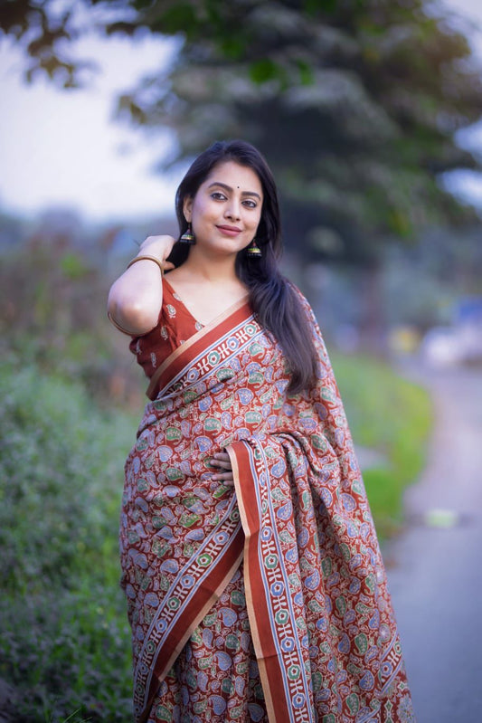 Brown Ajrakh Printed Soft Cotton Saree