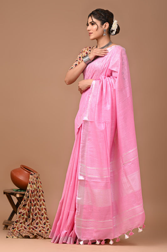 Baby Pink Colour Pure Plain Linen Cotton Saree With Ajrakh Blockprinted Cotton Blouse