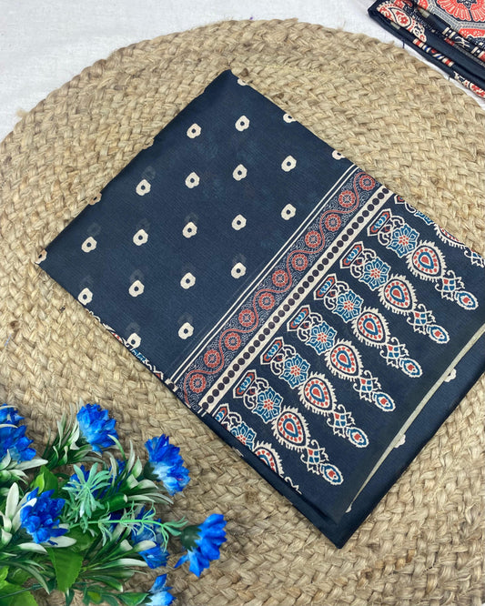 Black Ajrakh Print Tussar Silk Saree