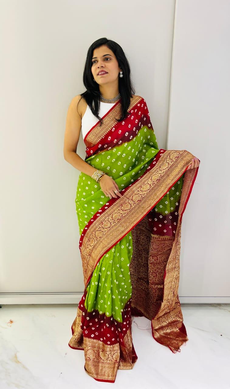 Hand Bandhej Bandhani Saree With Zari Border
