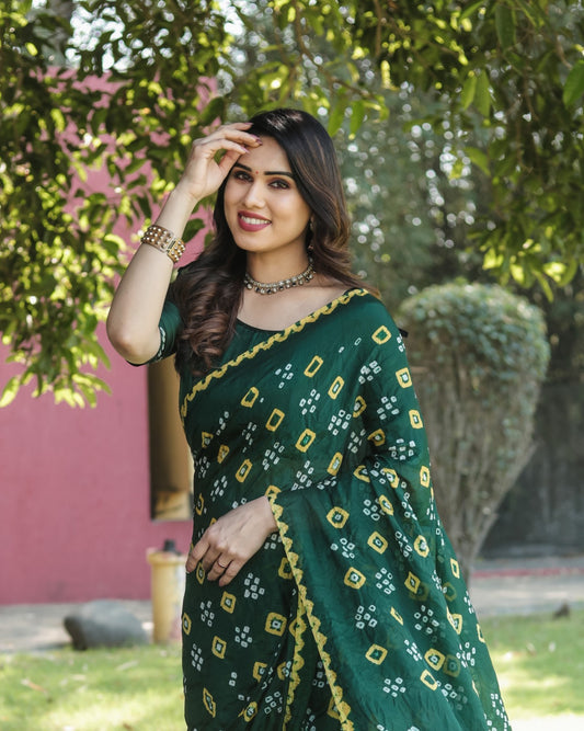 Green Color Bandhej Silk Saree With Printed Work