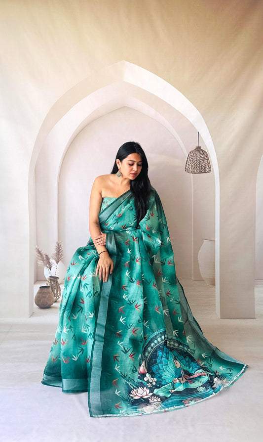 Rama Green Digital Printed Flowy Linen Cotton Saree With Madhubani Printed Pallu